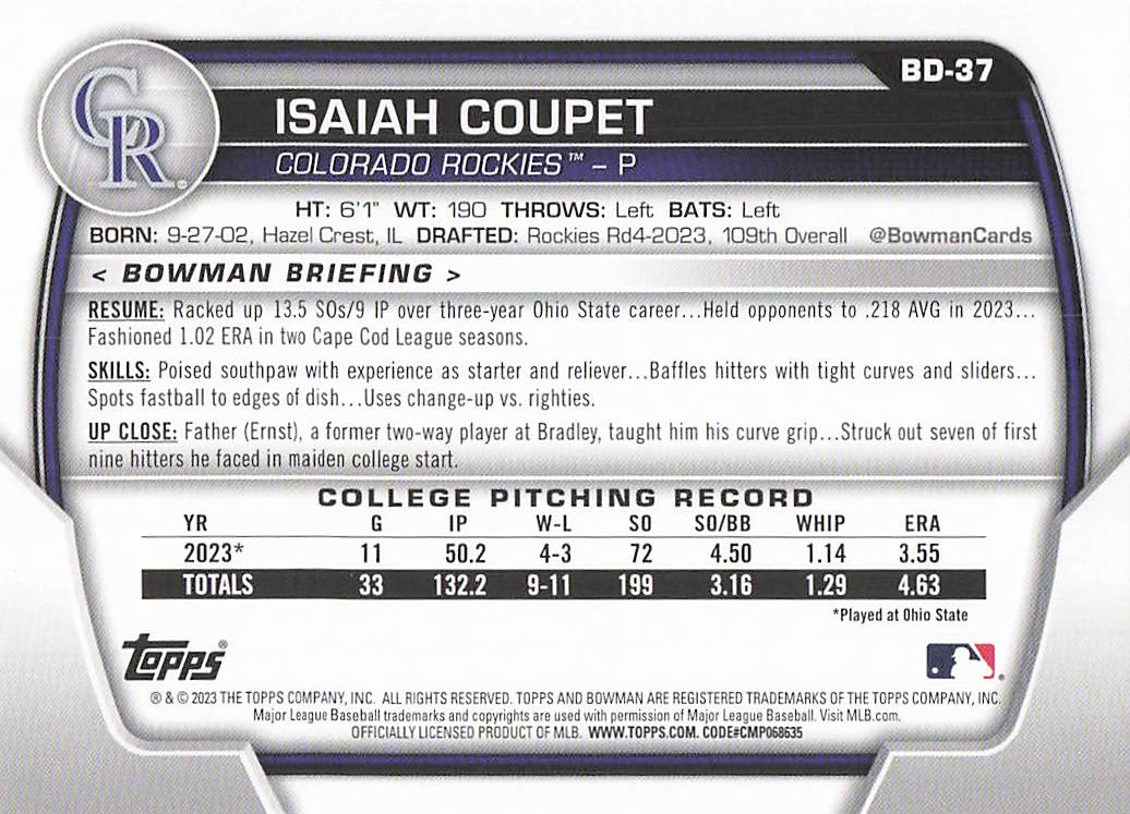 2023 Bowman Draft Baseball Isaiah Coupet #BD-37