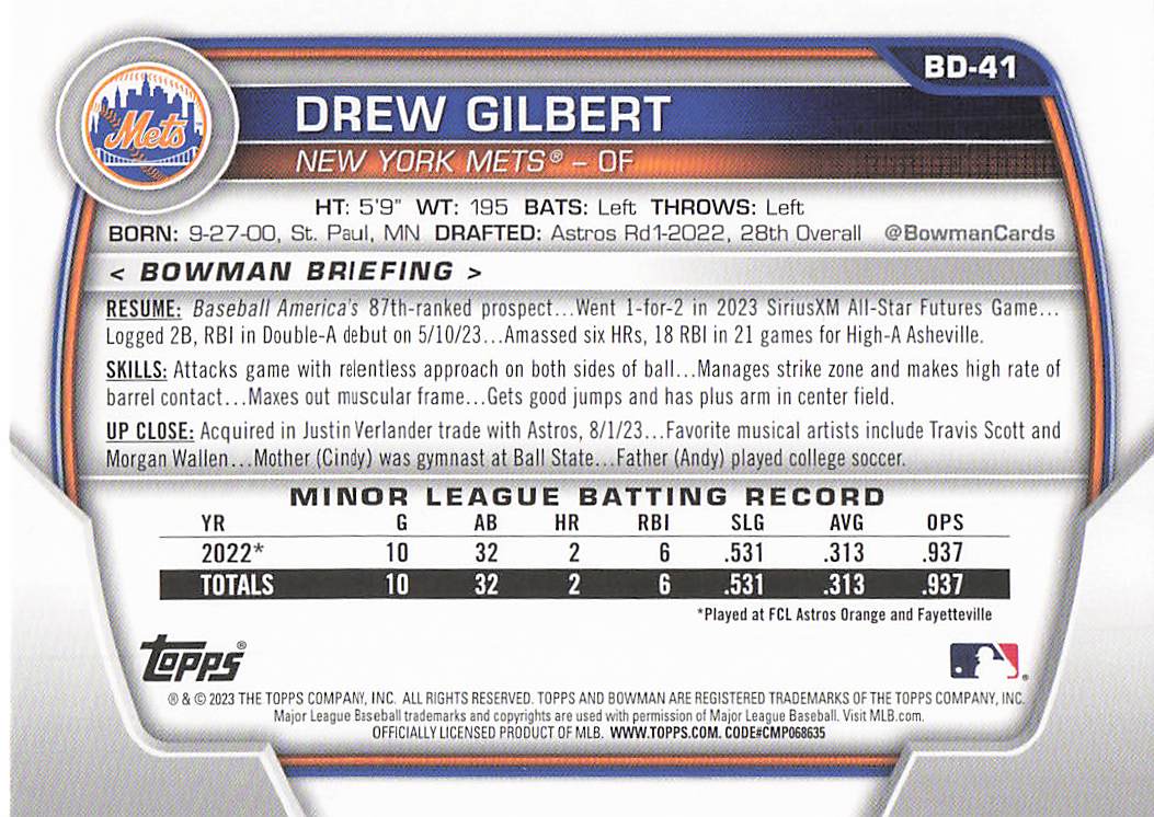 2023 Bowman Draft Baseball Drew Gilbert #BD-41