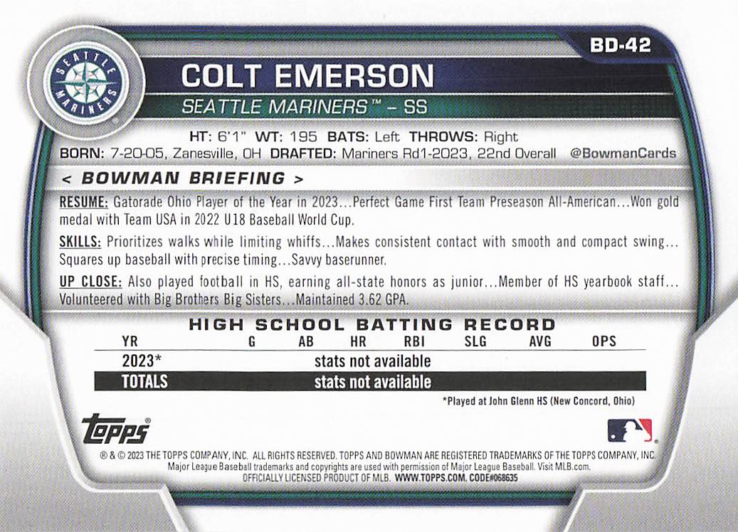2023 Bowman Draft Baseball Colt Emerson #BD-42