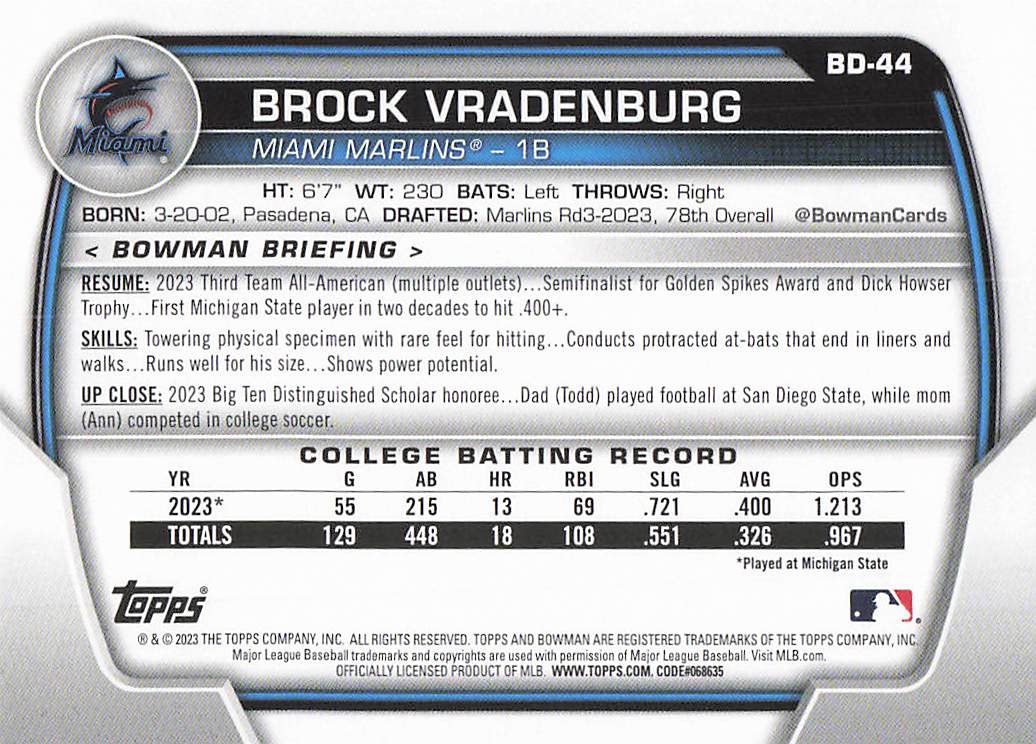 2023 Bowman Draft Baseball Brock Vradenburg #BD-44