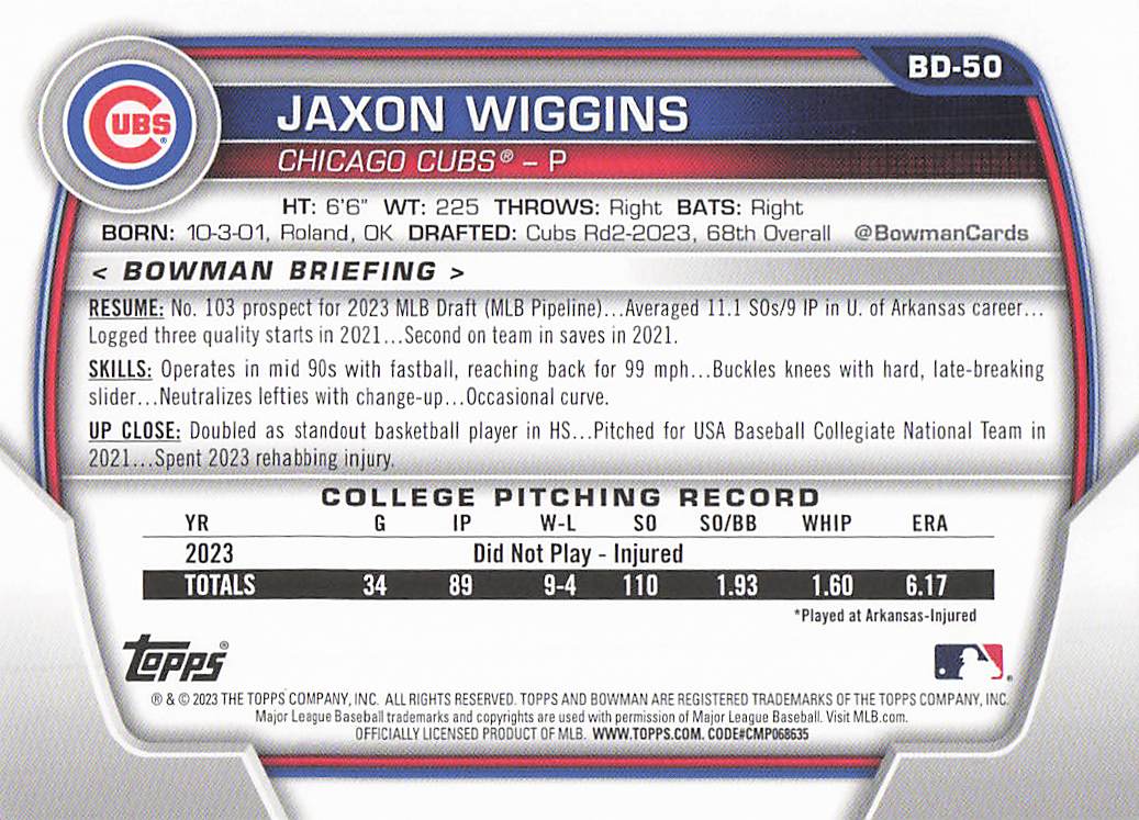 2023 Bowman Draft Baseball Jaxon Wiggins #BDC-50