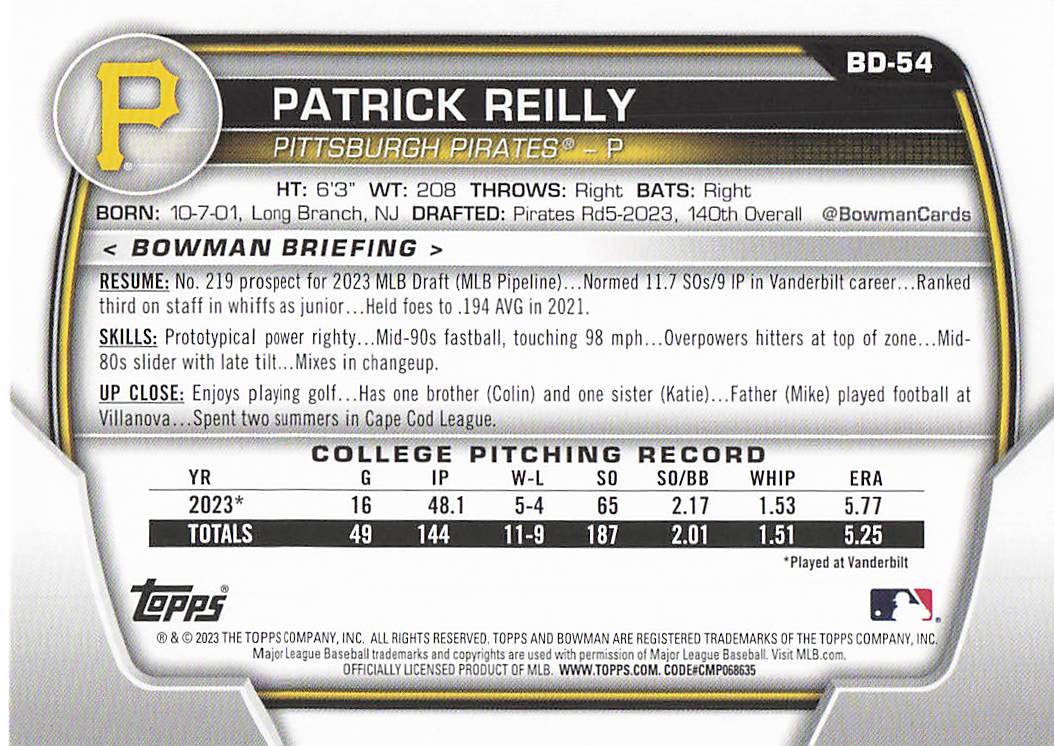 2023 Bowman Draft Baseball Patrick Reilly #BD-54