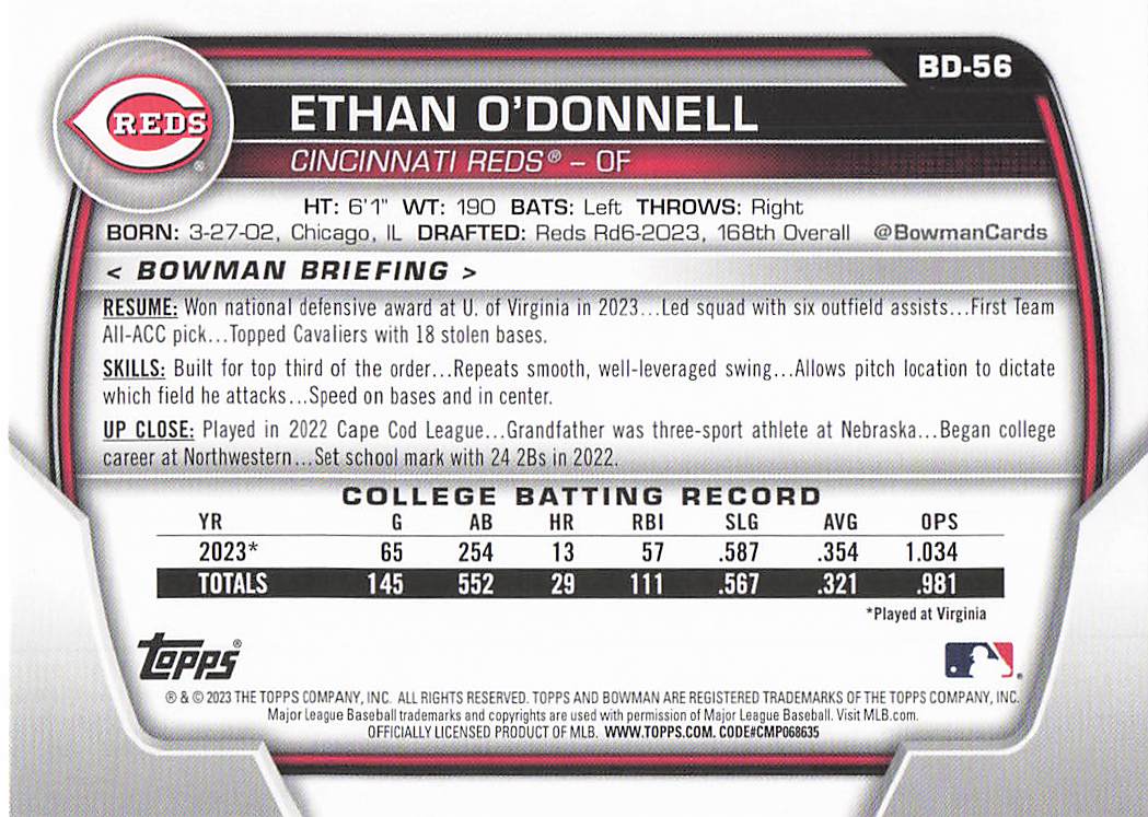 2023 Bowman Draft Baseball Ethan O'Donnell #BD-56