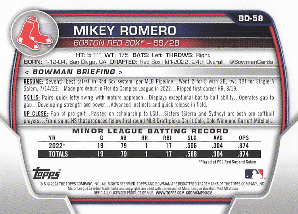 2023 Bowman Draft Baseball Mikey Romero #BD-58