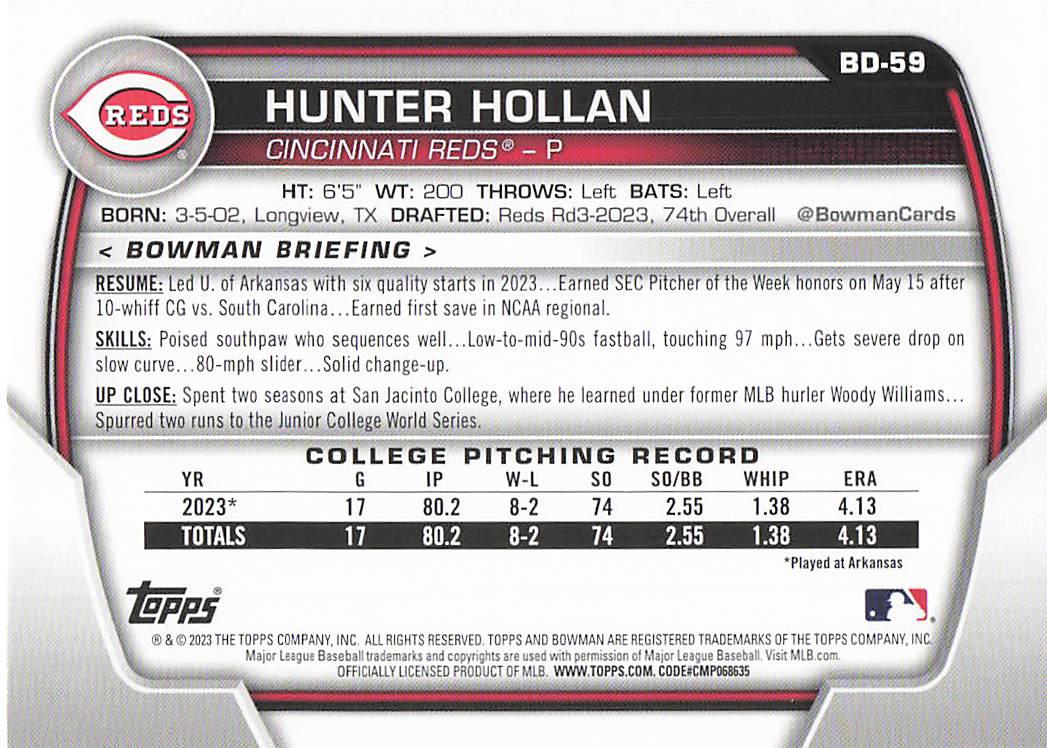 2023 Bowman Draft Baseball Hunter Hollan #BD-59