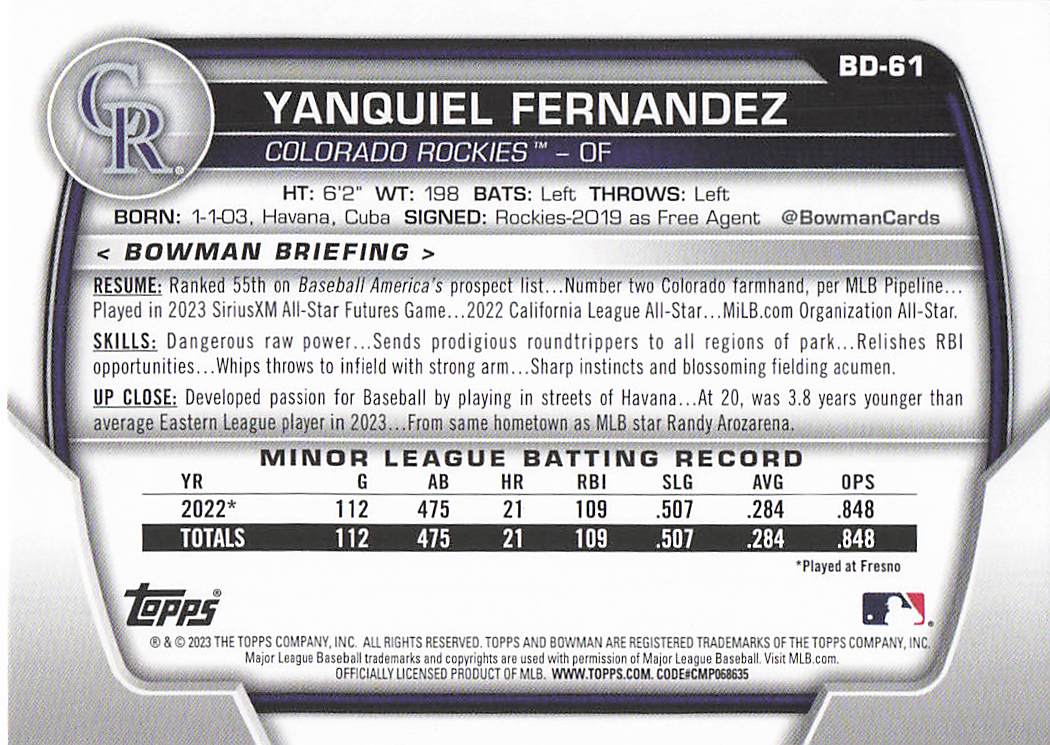 2023 Bowman Draft Baseball Yanquiel Fernandez #BD-61