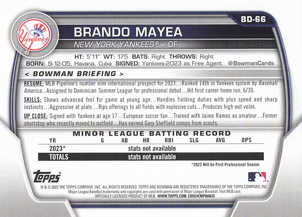 2023 Bowman Draft Baseball Brando Mayea #BD-66