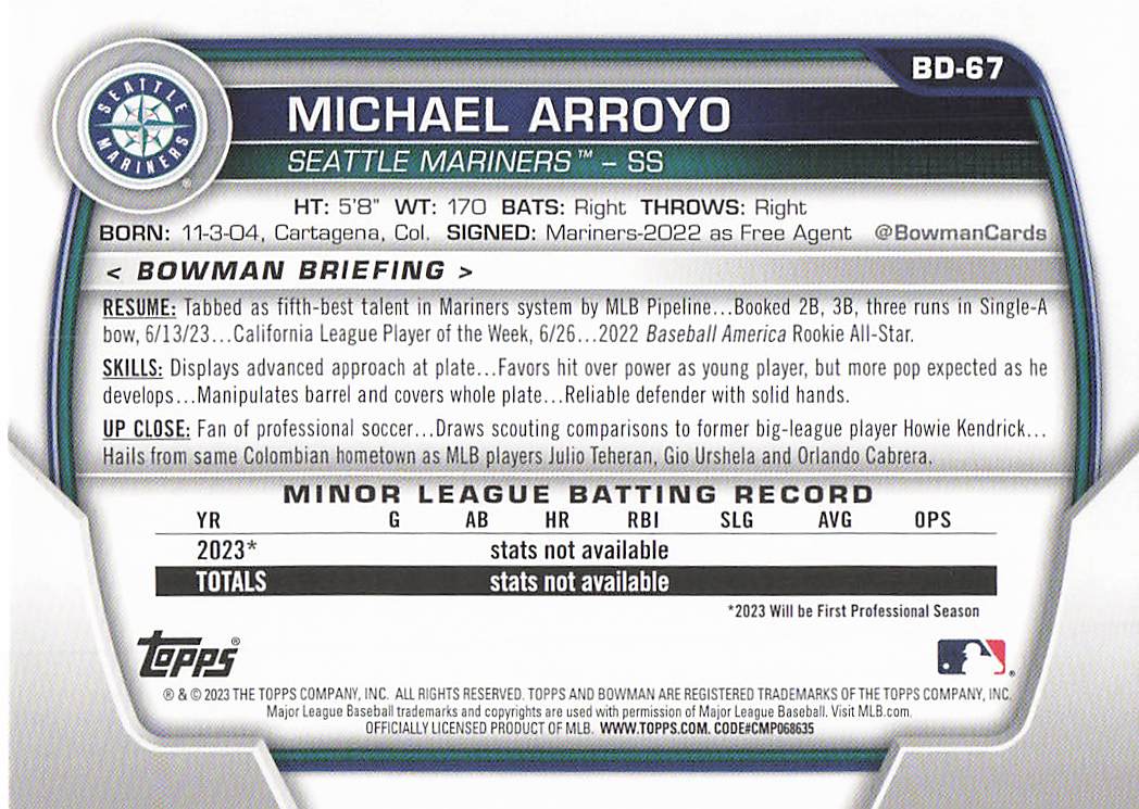 2023 Bowman Draft Baseball Michael Arroyo #BD-67