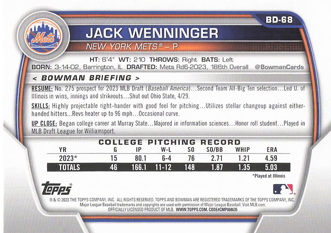 2023 Bowman Draft Baseball Jack Wenninger #BDC-68