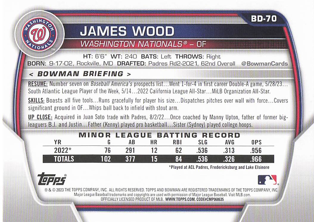 2023 Bowman Draft Baseball James Wood #BD-70