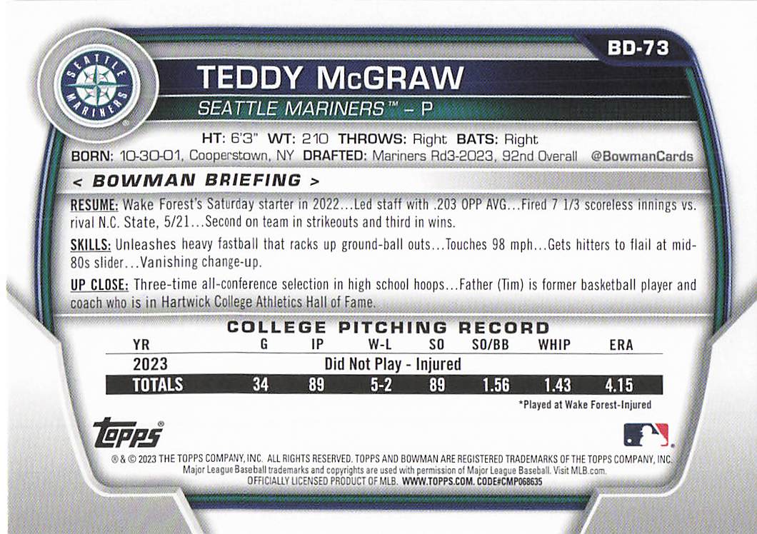 2023 Bowman Draft Baseball Teddy McGraw #BD-73
