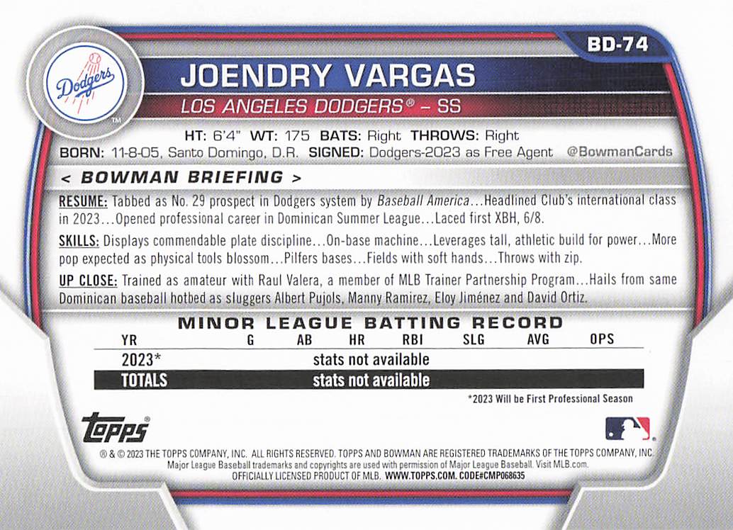 2023 Bowman Draft Baseball Joendry Vargas #BDC-74