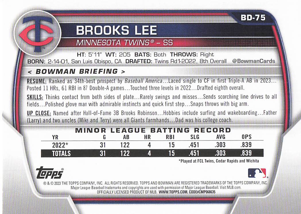 2023 Bowman Draft Baseball Brooks Lee #BDC-75
