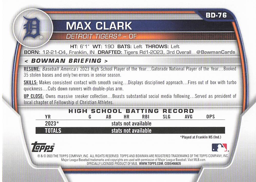 2023 Bowman Draft Baseball Max Clark #BD-76
