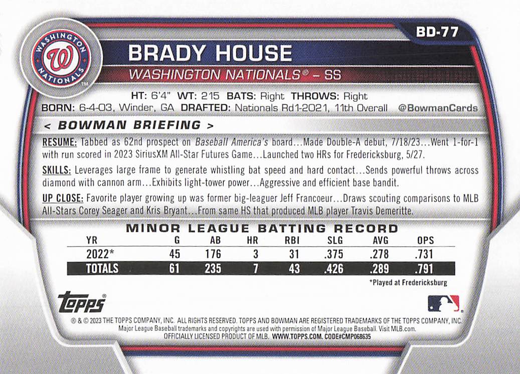 2023 Bowman Draft Baseball Brady House #BD-77