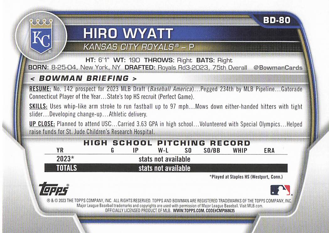 2023 Bowman Draft Baseball Hiro Wyatt #BDC-80
