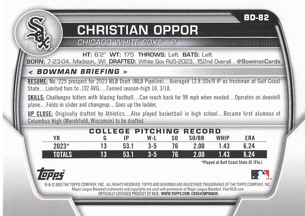 2023 Bowman Draft Baseball Christian Oppor #BDC-82