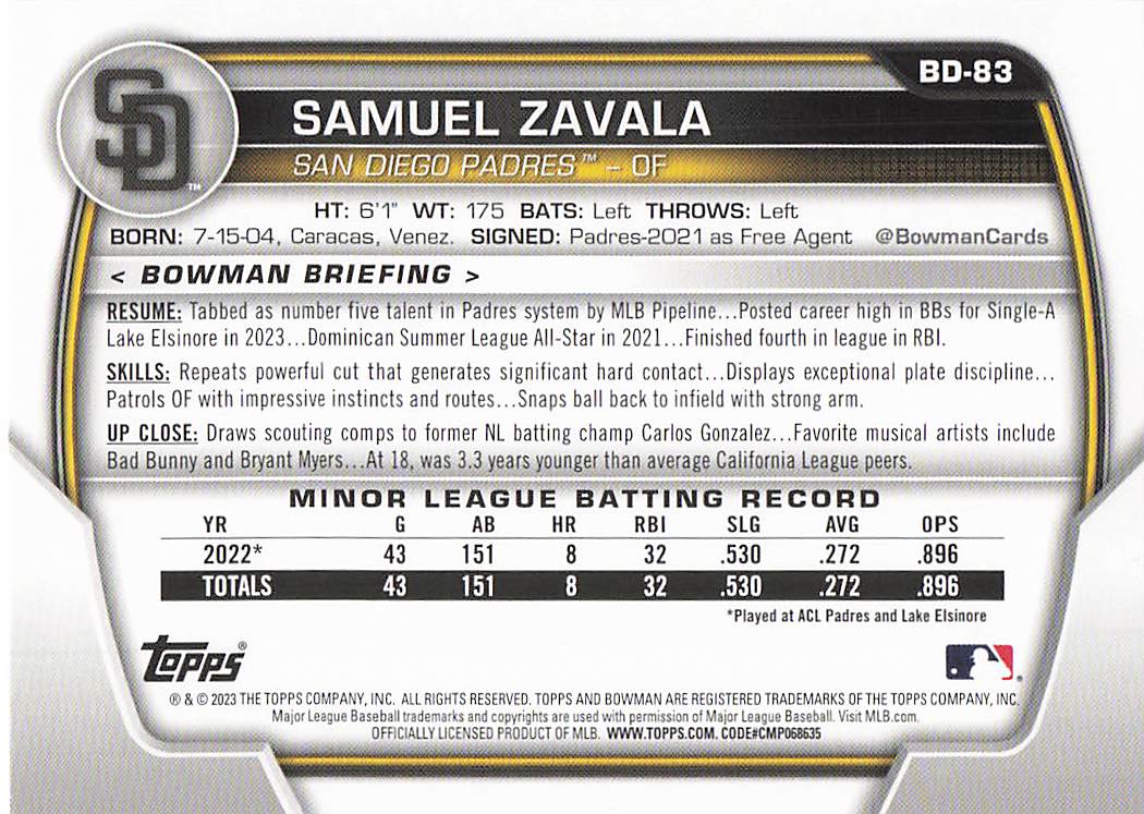 2023 Bowman Draft Baseball Samuel Zavala #BD-83