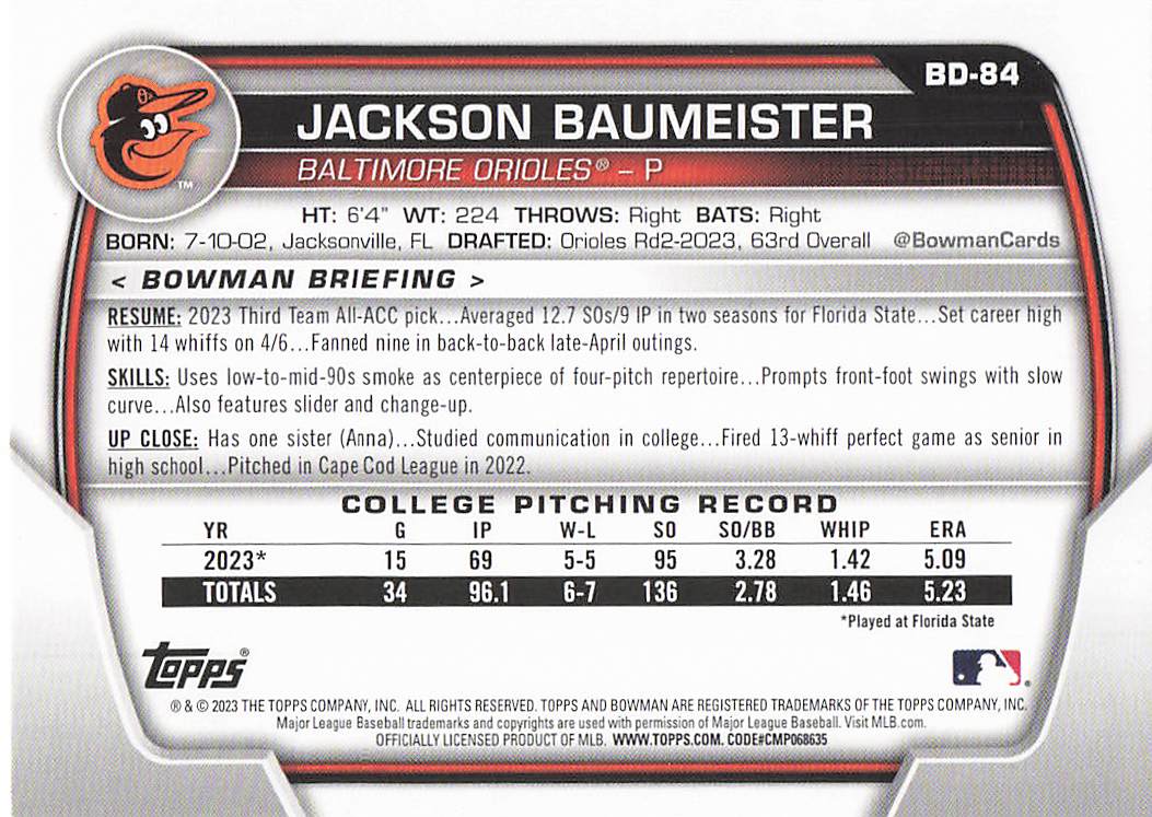 2023 Bowman Draft Baseball Jackson Baumeister #BD-84