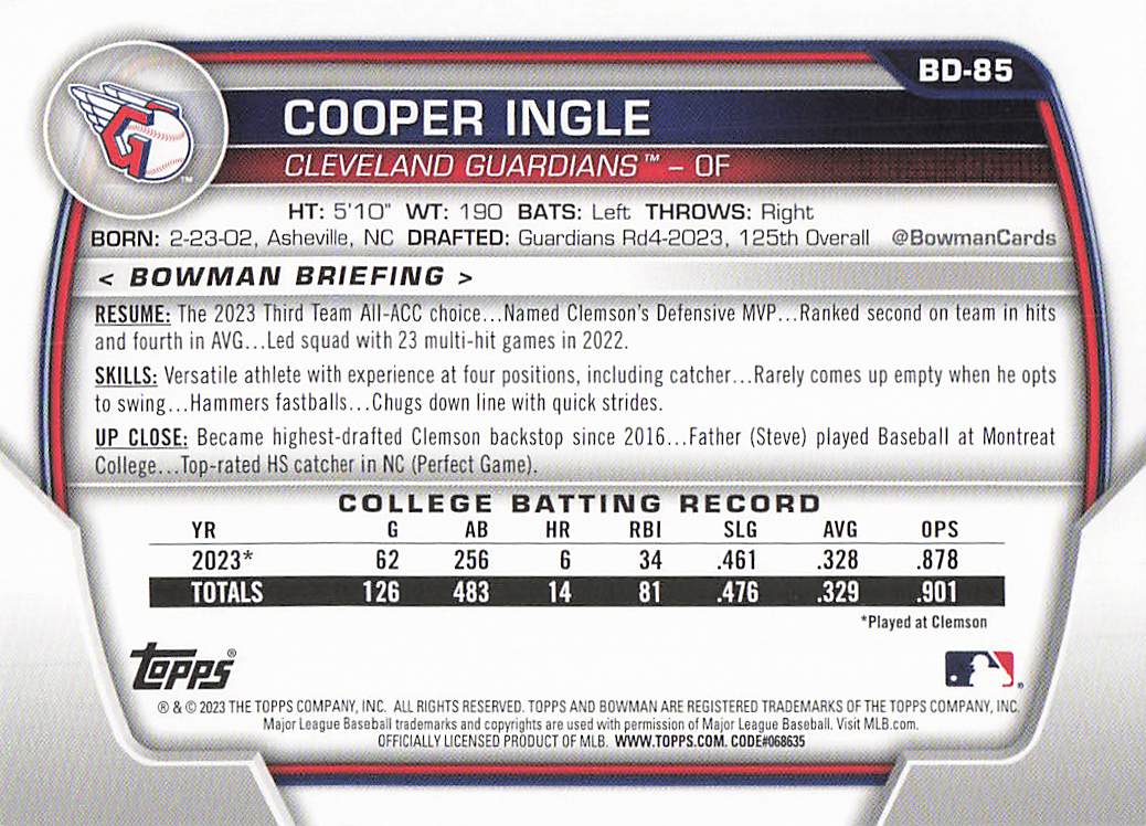 2023 Bowman Draft Baseball Cooper Ingle #BD-85