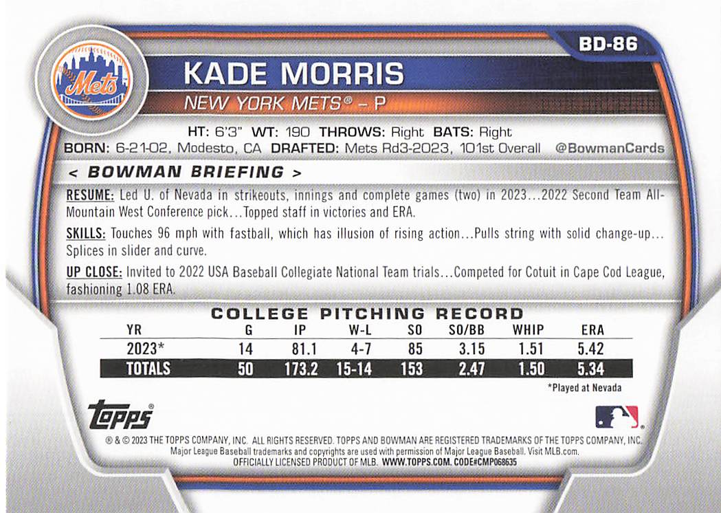 2023 Bowman Draft Baseball Kade Morris #BD-86