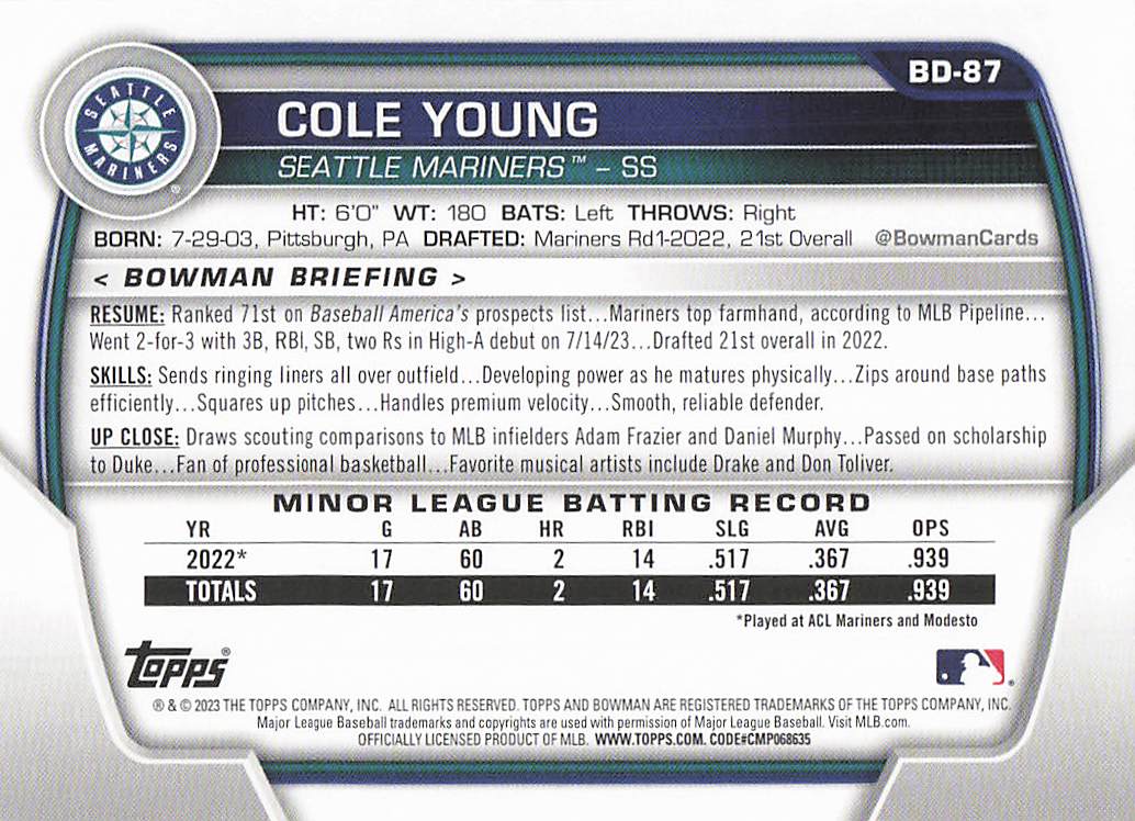 2023 Bowman Draft Baseball Cole Young #BD-87