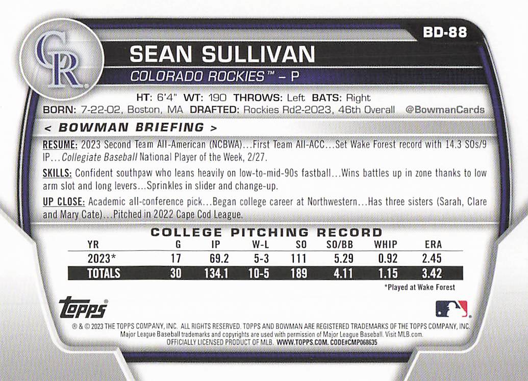 2023 Bowman Draft Baseball Sean Sullivan #BD-88