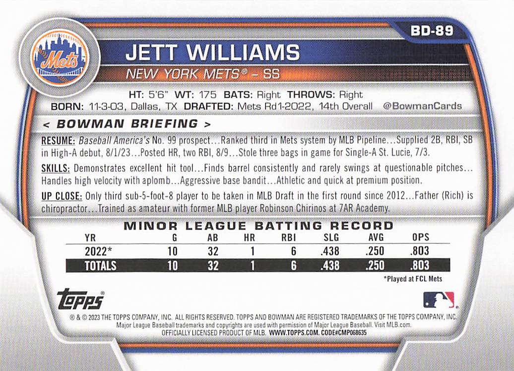 2023 Bowman Draft Baseball Jett Williams #BD-89