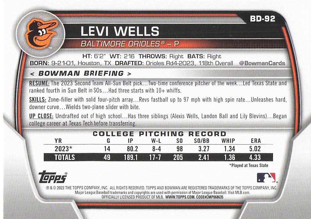 2023 Bowman Draft Baseball Levi Wells #BD-92