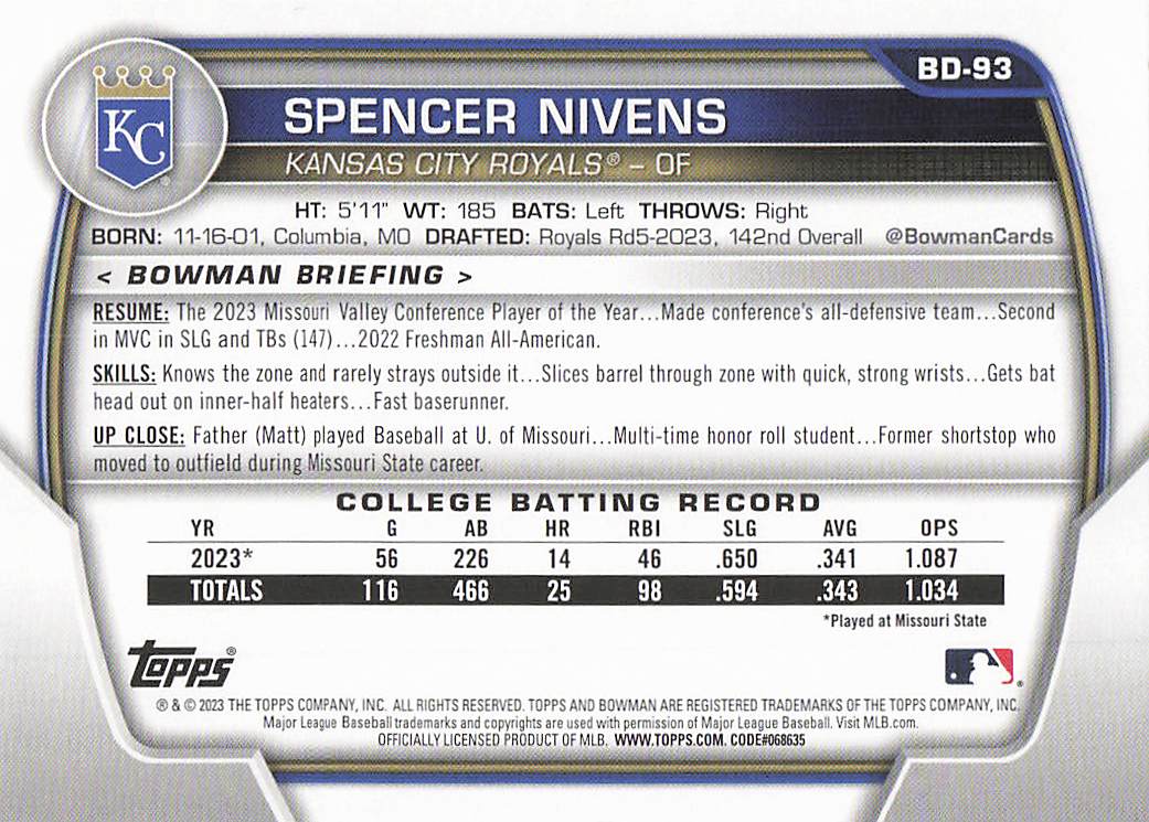 2023 Bowman Draft Baseball Spencer Nivens #BD-93