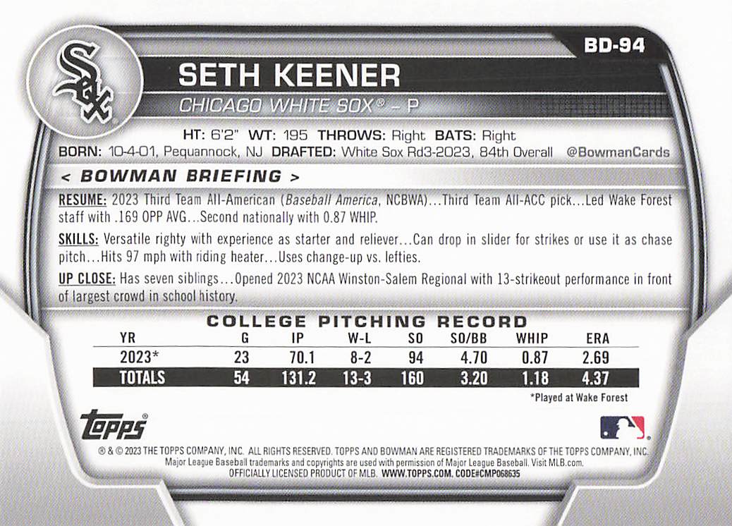 2023 Bowman Draft Baseball Seth Keener #BD-94