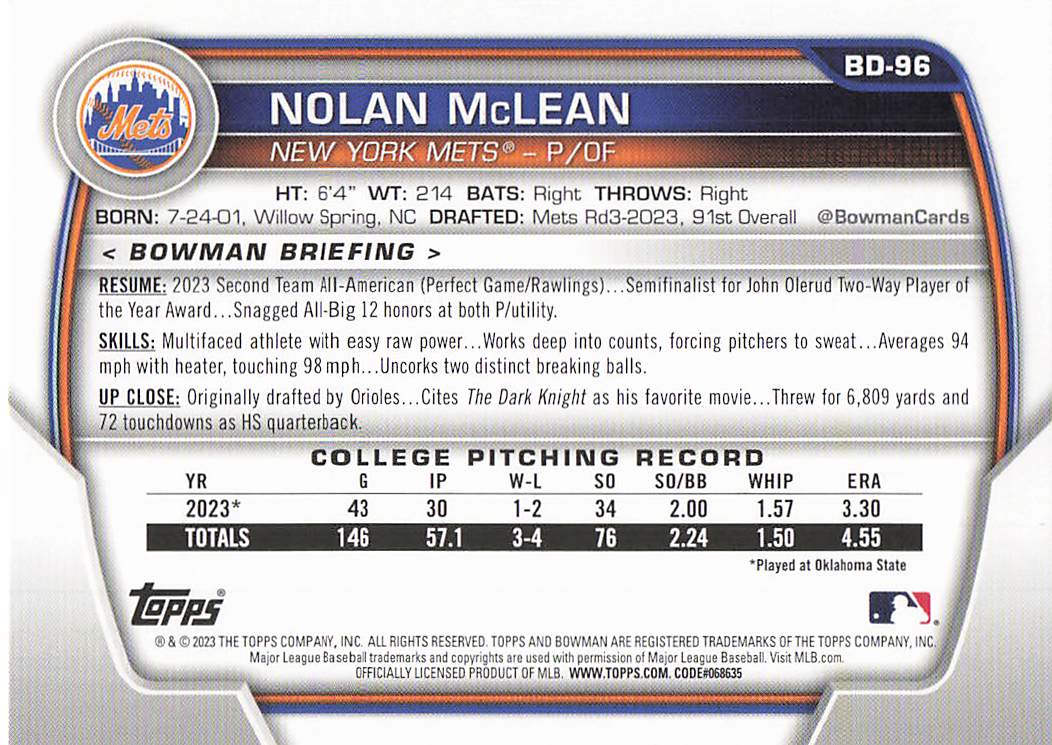 2023 Bowman Draft Baseball Nolan McLean #BDC-96