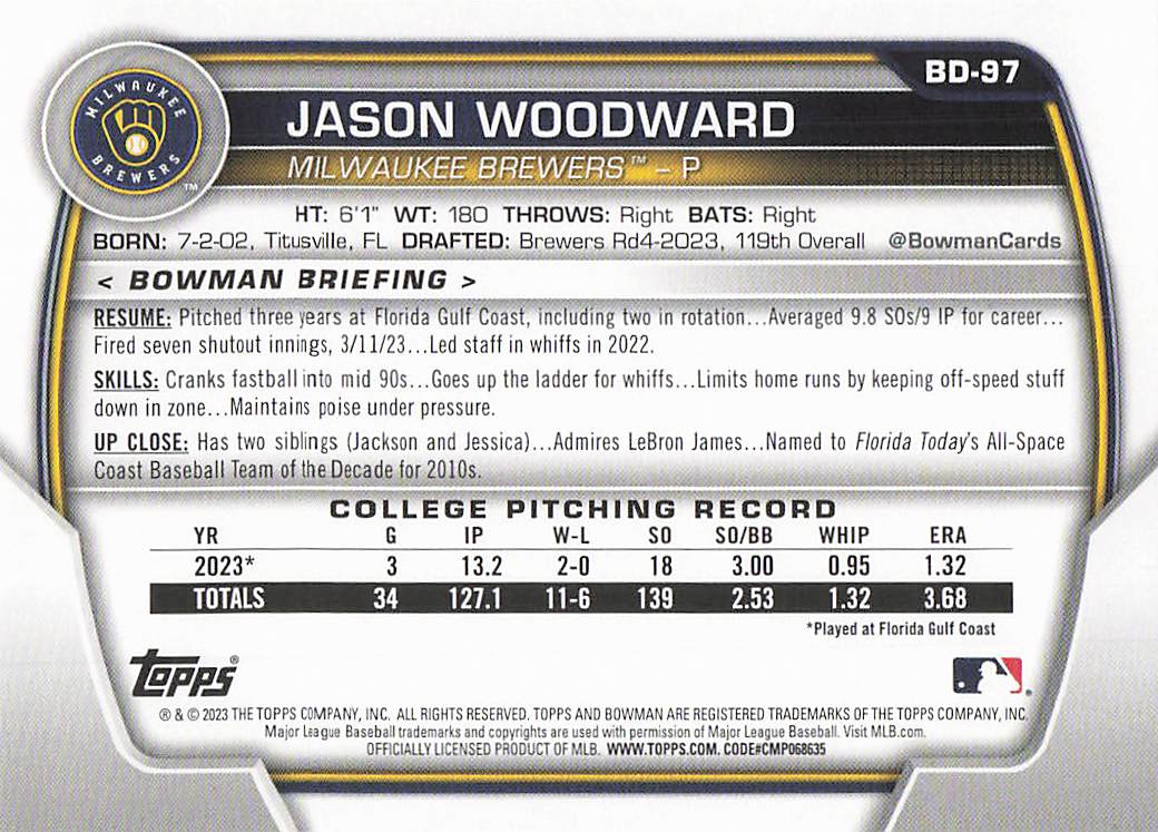 2023 Bowman Draft Baseball Jason Woodward #BD-97