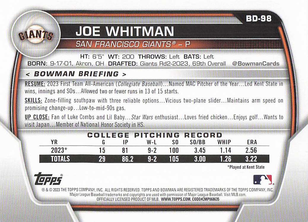 2023 Bowman Draft Baseball Joe Whitman #BD-98