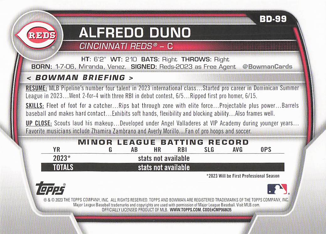 2023 Bowman Draft Baseball Alfredo Duno #BD-99