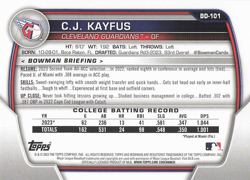 2023 Bowman Draft Baseball C.J. Kayfus #BD-101