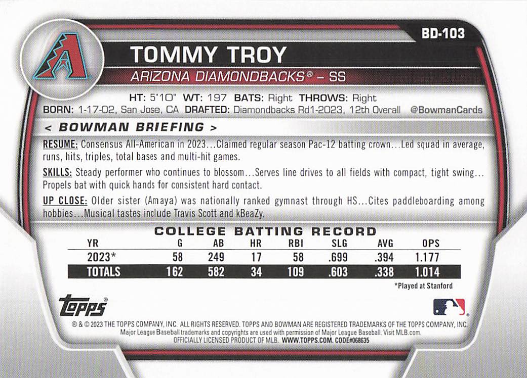 2023 Bowman Draft Baseball Tommy Troy #BD-103