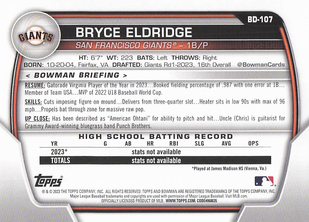2023 Bowman Draft Baseball Bryce Eldridge #BD-107