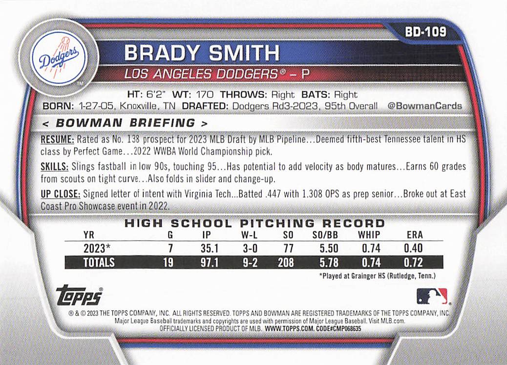 2023 Bowman Draft Baseball Brady Smith #BD-109