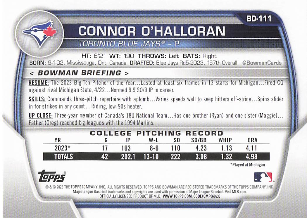 2023 Bowman Draft Baseball Connor O'Halloran #BD-111