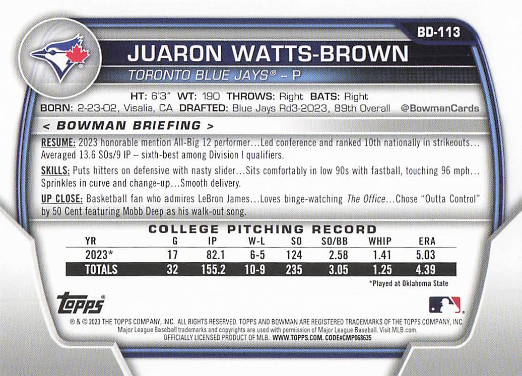 2023 Bowman Draft Baseball Juaron Watts-Brown #BD-113