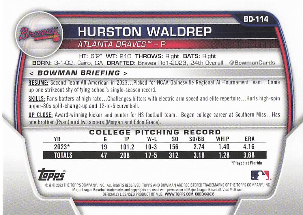 2023 Bowman Draft Baseball Hurston Waldrep #BD-114
