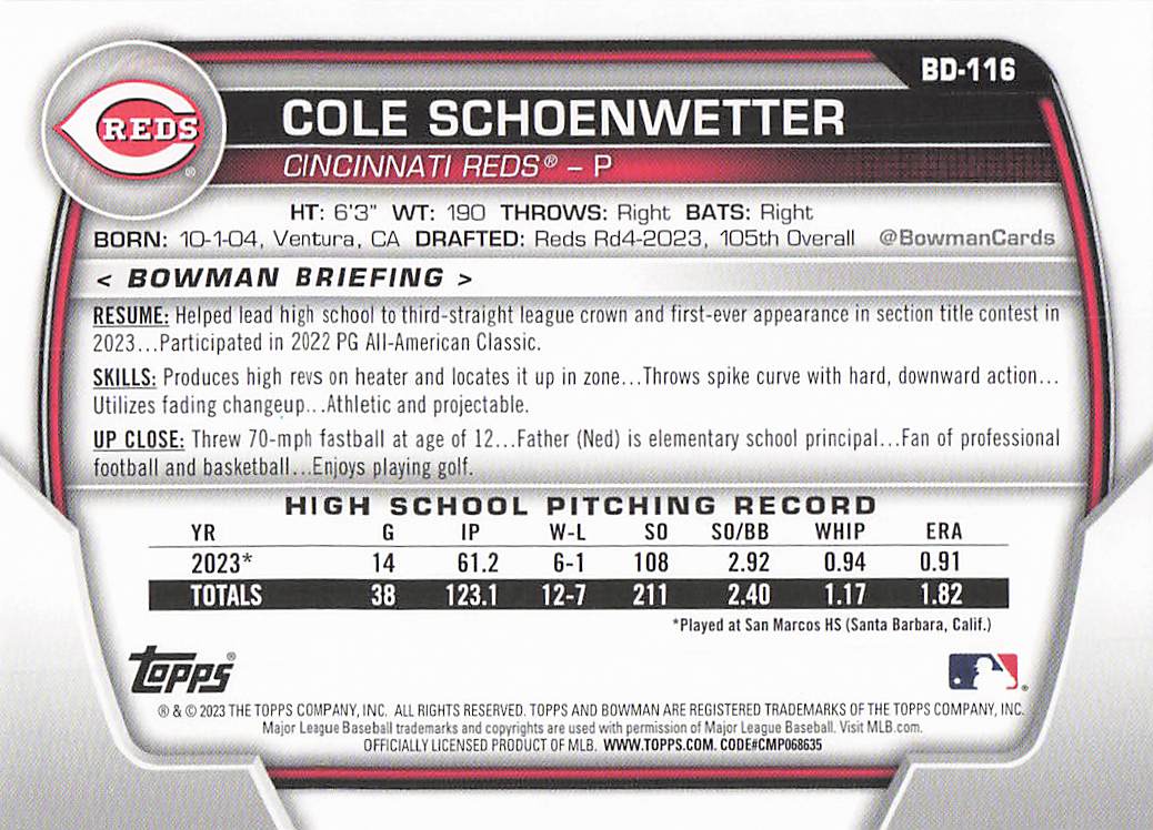 2023 Bowman Draft Baseball Cole Schoenwetter #BD-116