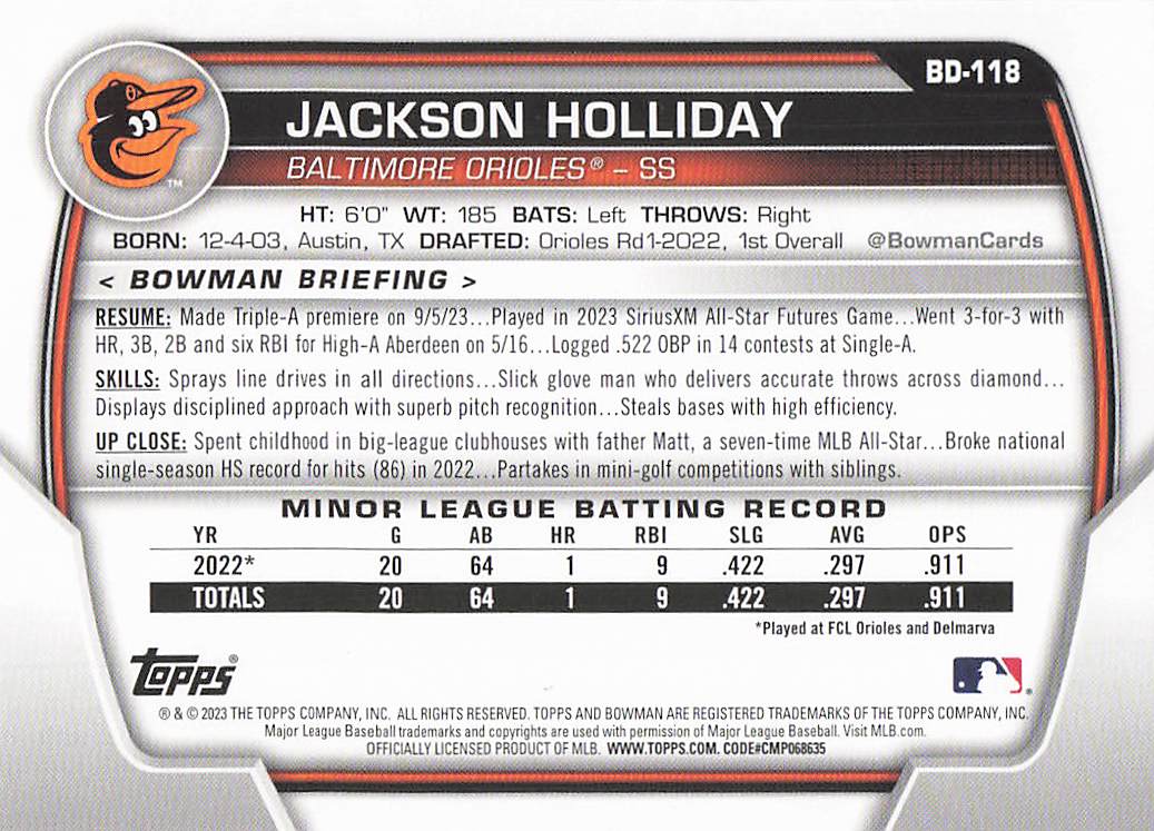 2023 Bowman Draft Baseball Jackson Holliday #BD-118