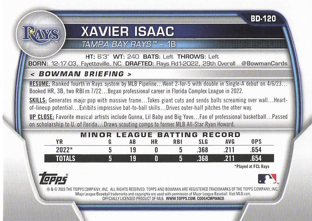2023 Bowman Draft Baseball Xavier Isaac #BD-120