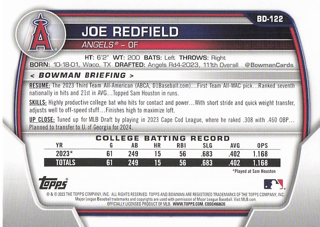 2023 Bowman Draft Baseball Joe Redfield #BD-122