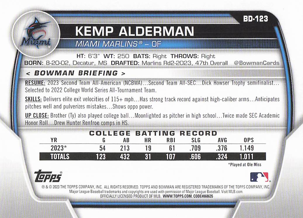 2023 Bowman Draft Baseball Kemp Alderman #BDC-123