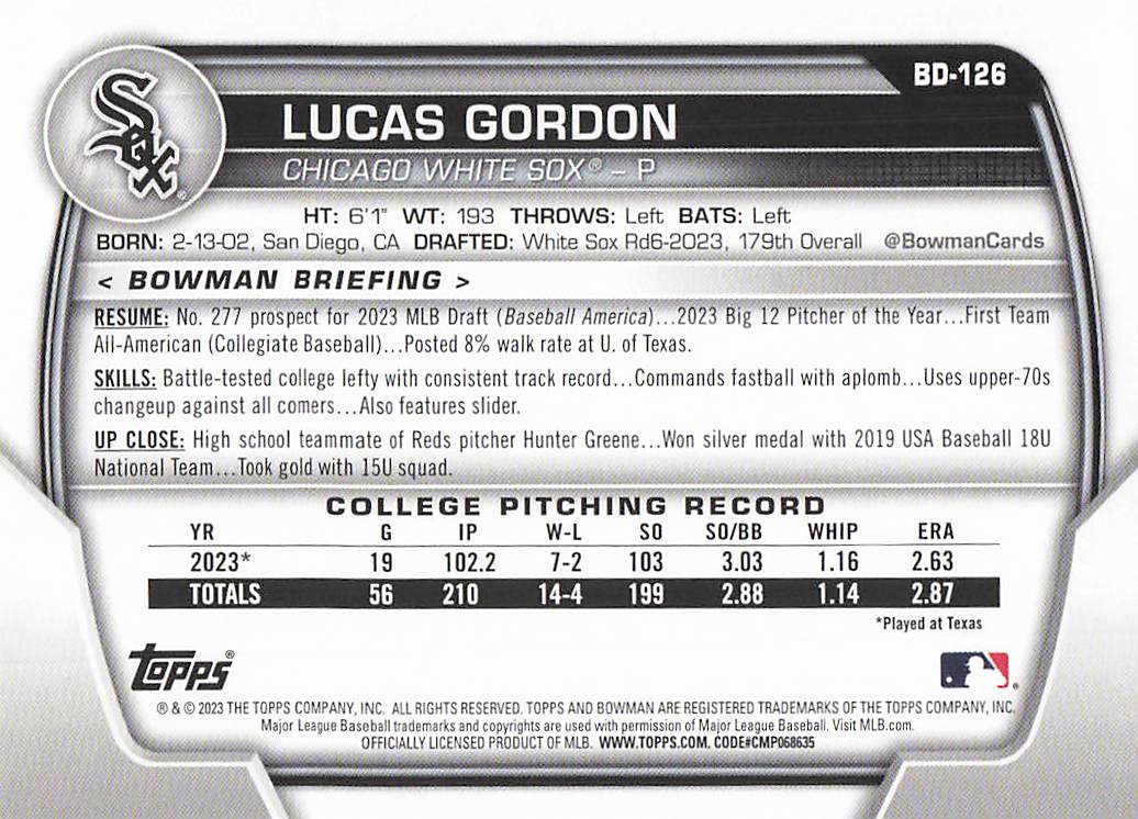2023 Bowman Draft Baseball Lucas Gordon #BD-126