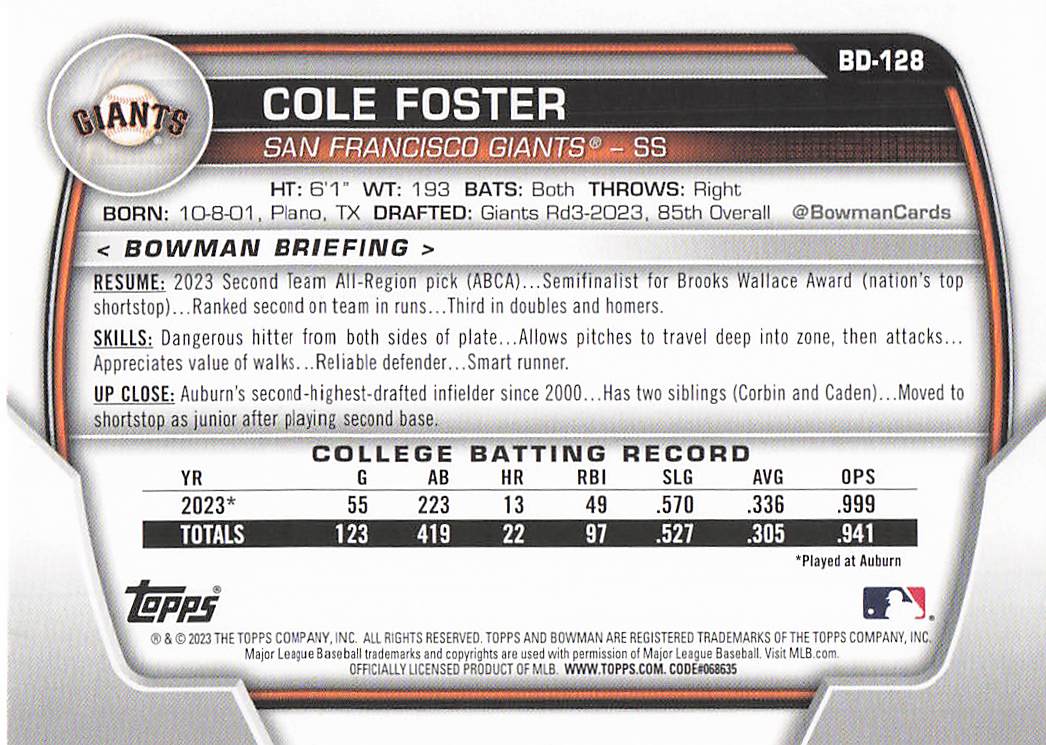 2023 Bowman Draft Baseball Cole Foster #BD-128