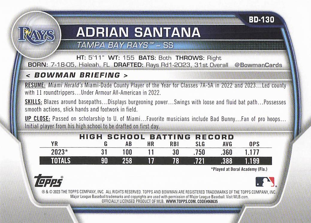 2023 Bowman Draft Baseball Adrian Santana #BDC-130